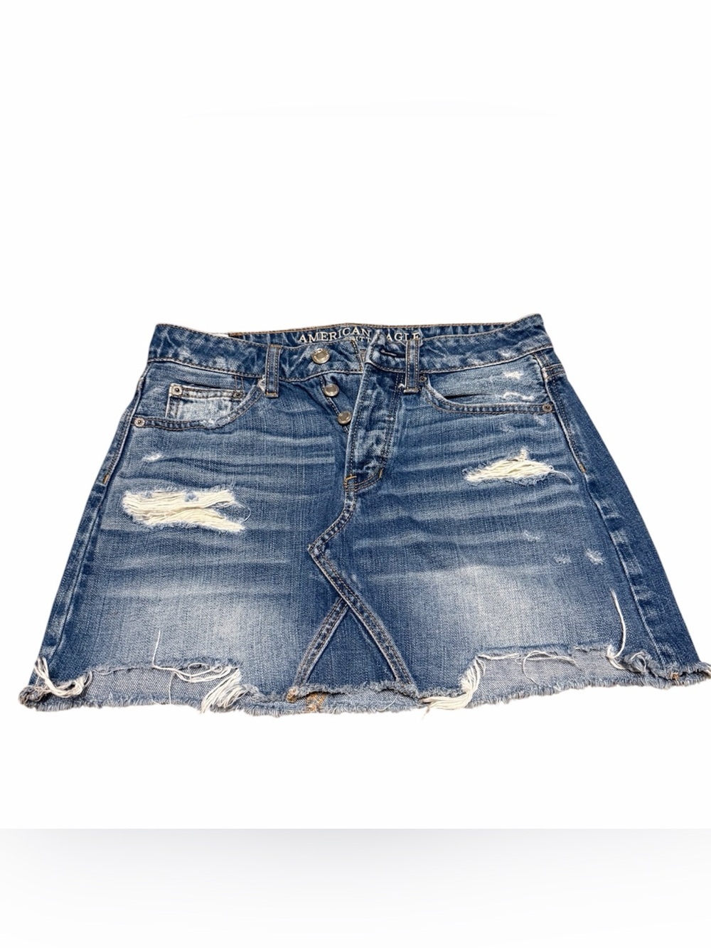 American Eagle Outfitters Washed Blue Distressed Denim Mini Jean Skirt